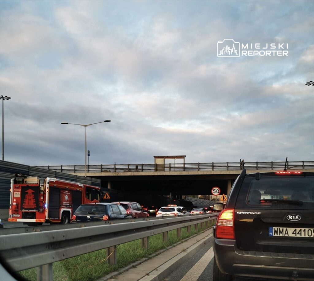 Karetka pogotowia oraz samochody osobowe stoją w zatorze drogowym na autostradzie pod szarym niebem.