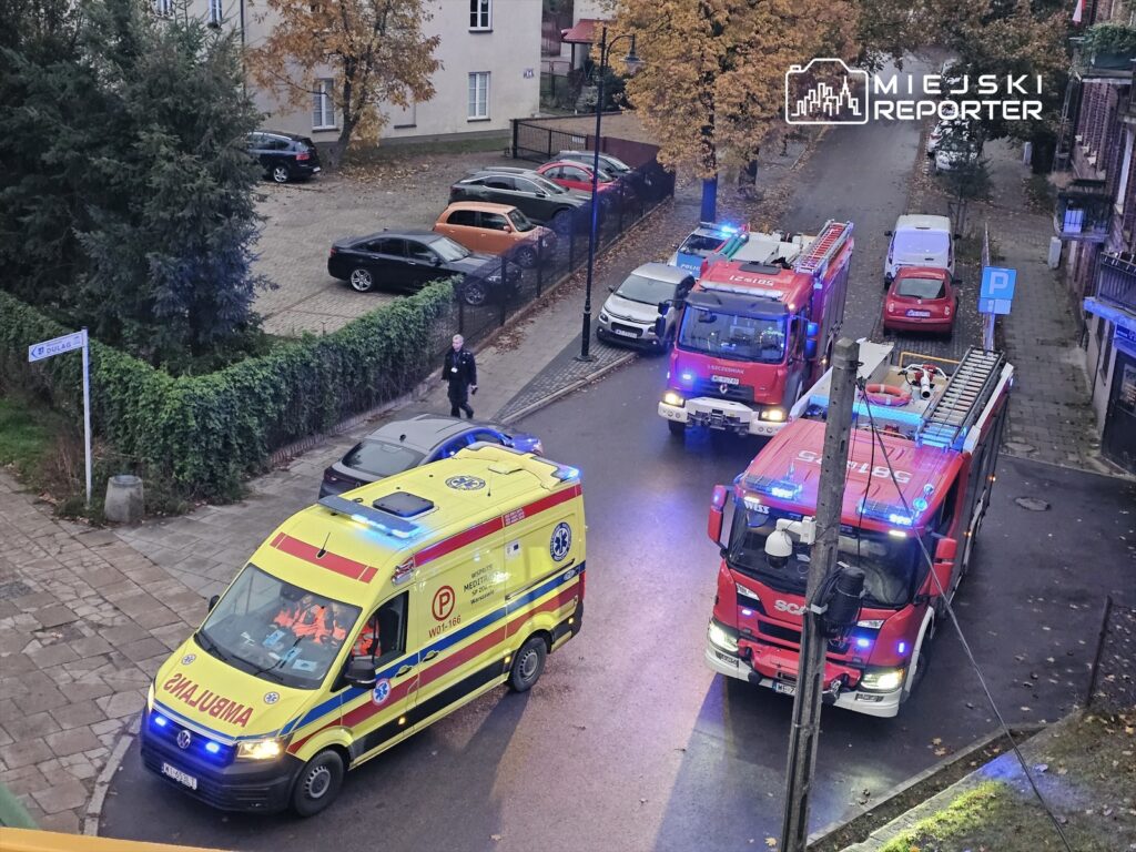 Karetka pogotowia oraz dwa wozy strażackie z włączonymi sygnałami świetlnymi na ulicy w pobliżu zieleni i zaparkowanych samochodów.