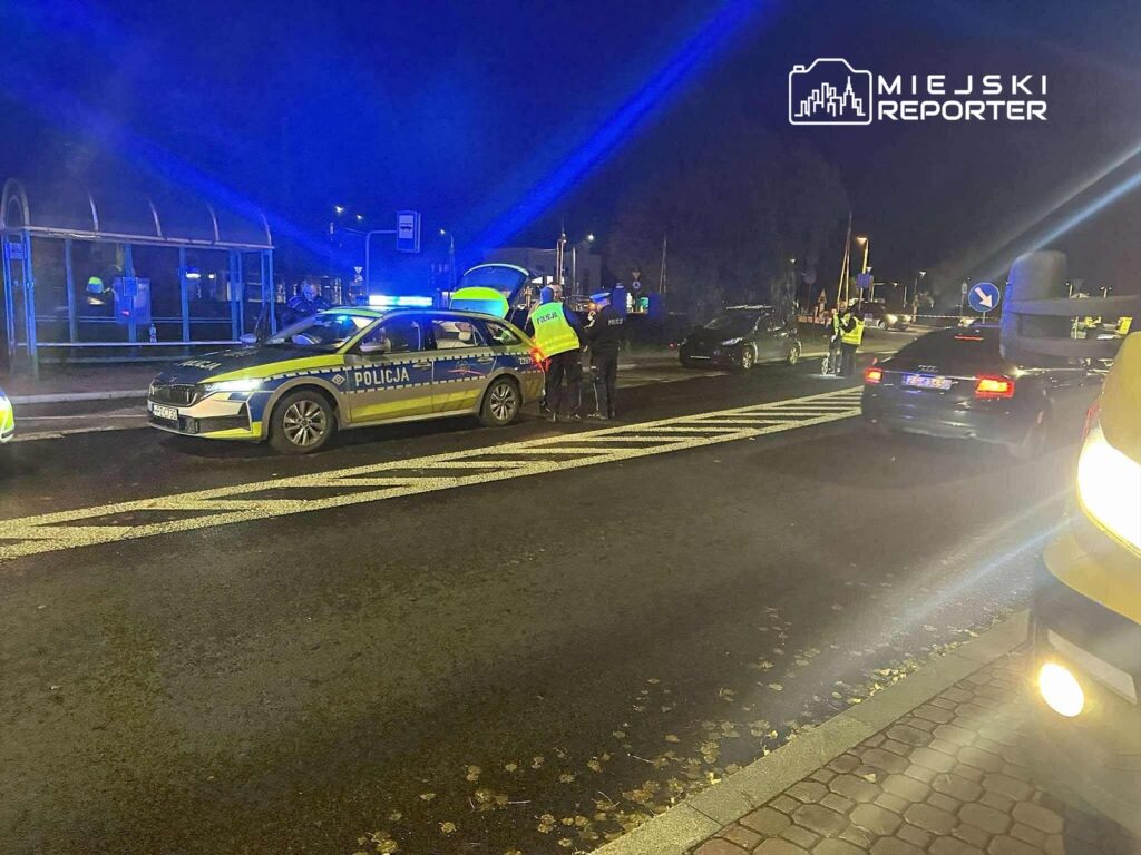 Policjanci w odblaskowych kamizelkach kontrolują ruch drogowy przy zaparkowanych radiowozach w nocy.