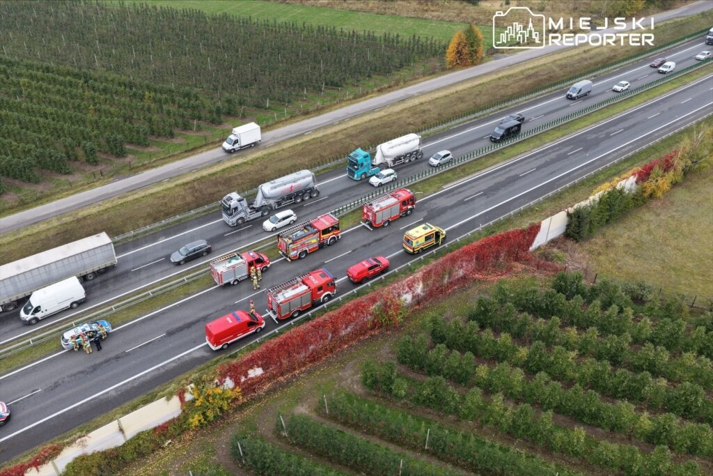 Zespół ratunkowy pracuje przy zatorze drogowym na autostradzie, w pobliżu sadów. W tle widoczne pojazdy i ciężarówki.