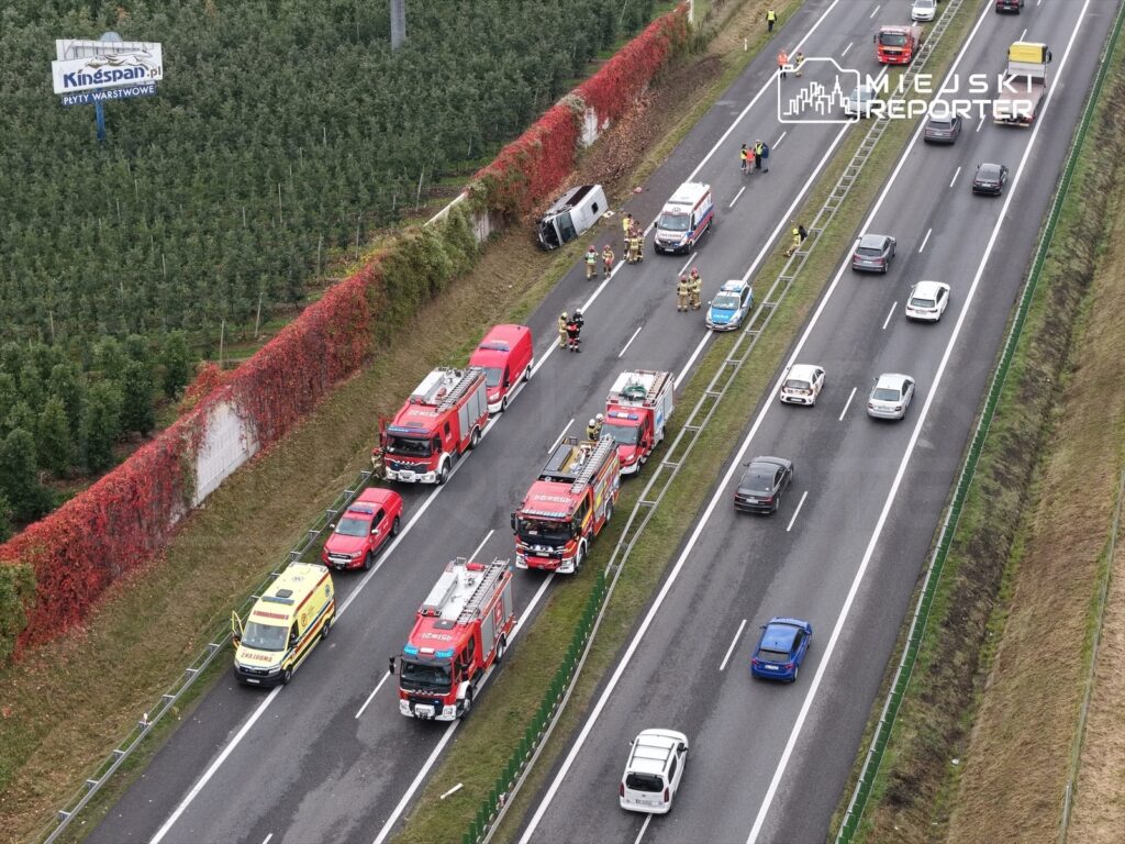 Na jezdni znajdują się pojazdy służb ratunkowych, w tym straż pożarna i karetka, podczas interwencji. W tle widać gęsty las oraz billboard.