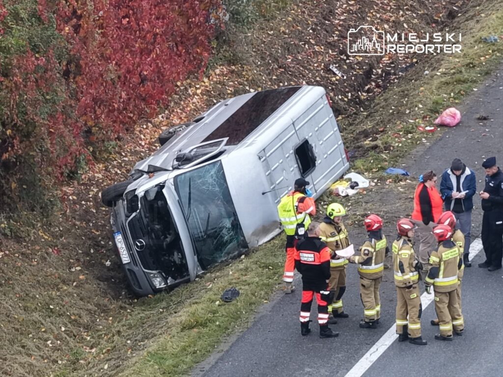 Wielu ratowników i policjantów ocenia sytuację przy przewróconym dostawczym samochodzie na poboczu drogi.