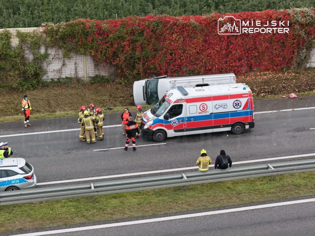 Grupa strażaków w mundurach omawia sytuację obok przewróconego pojazdu na poboczu drogi, obok karetki i radiowozu.