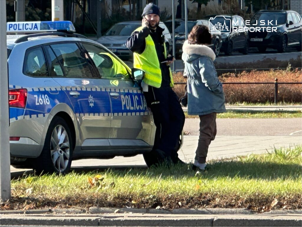 Policjant w kamizelce odblaskowej rozmawia z osobą w niebieskiej kurtce obok radiowozu na miejskiej ulicy.