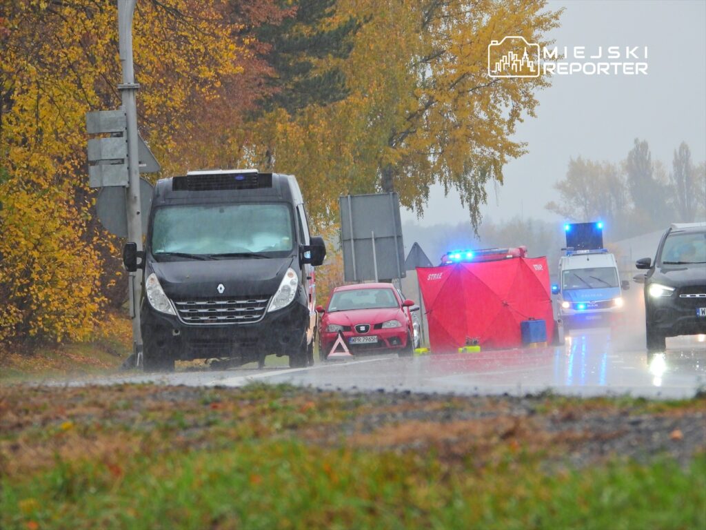 Czarny furgon oraz czerwony samochód osobowy stoją na mokrej drodze, obok nich widoczne są radiowozy z włączonymi sygnałami świetlnymi.