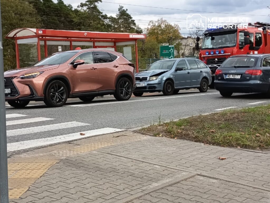 Różowe SUV zatrzymany na przejściu dla pieszych obok przystanku, obok uszkodzony samochód osobowy i woz strażacki.