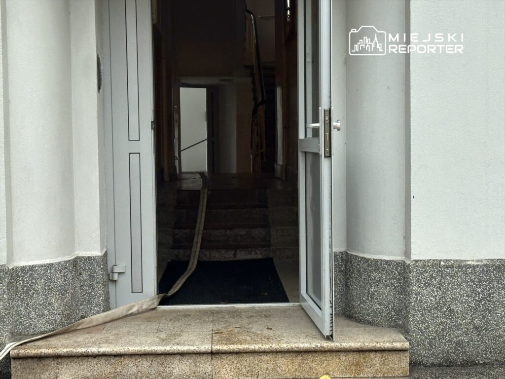 Otwarta drzwi z widokiem na schody prowadzące do wnętrza budynku, z wężykiem leżącym na podłodze.