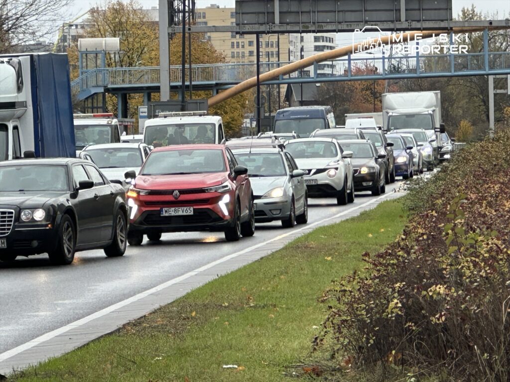 Ruch samochodowy w korku na miejskiej drodze, z widocznymi pojazdami osobowymi i dostawczymi.