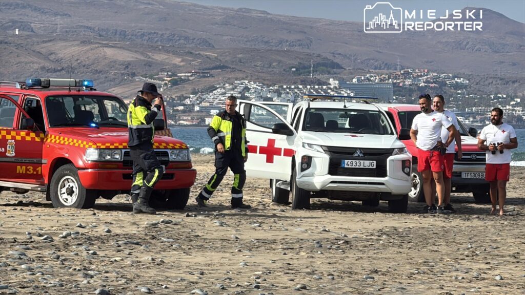 Grupa ratowników w czerwonych strojach stoi na plaży obok pojazdów ratunkowych, rozmawiając i obserwując otoczenie.