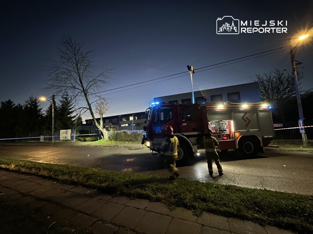 Strażacy przy wozie strażackim sprawdzają teren w nocy, w tle widoczny budynek i oświetlona ulica.