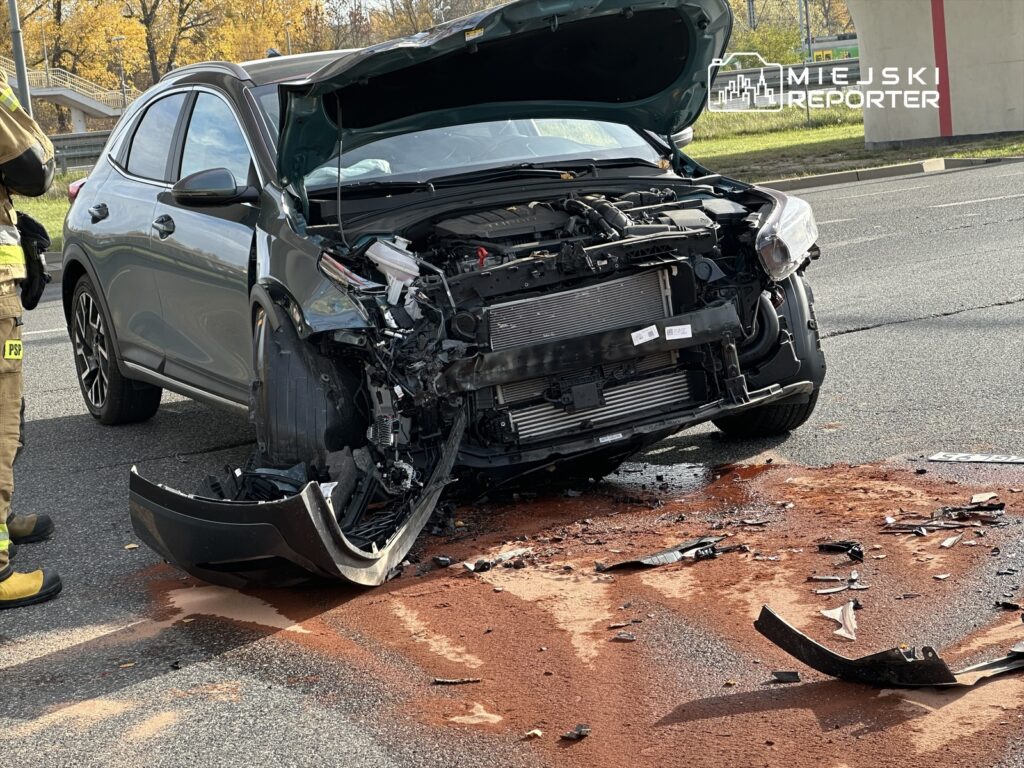 Uszkodzony samochód osobowy z otwartą maską stoi na drodze, obok niego strażak w mundurze. Na jezdni widoczna plama płynu.
