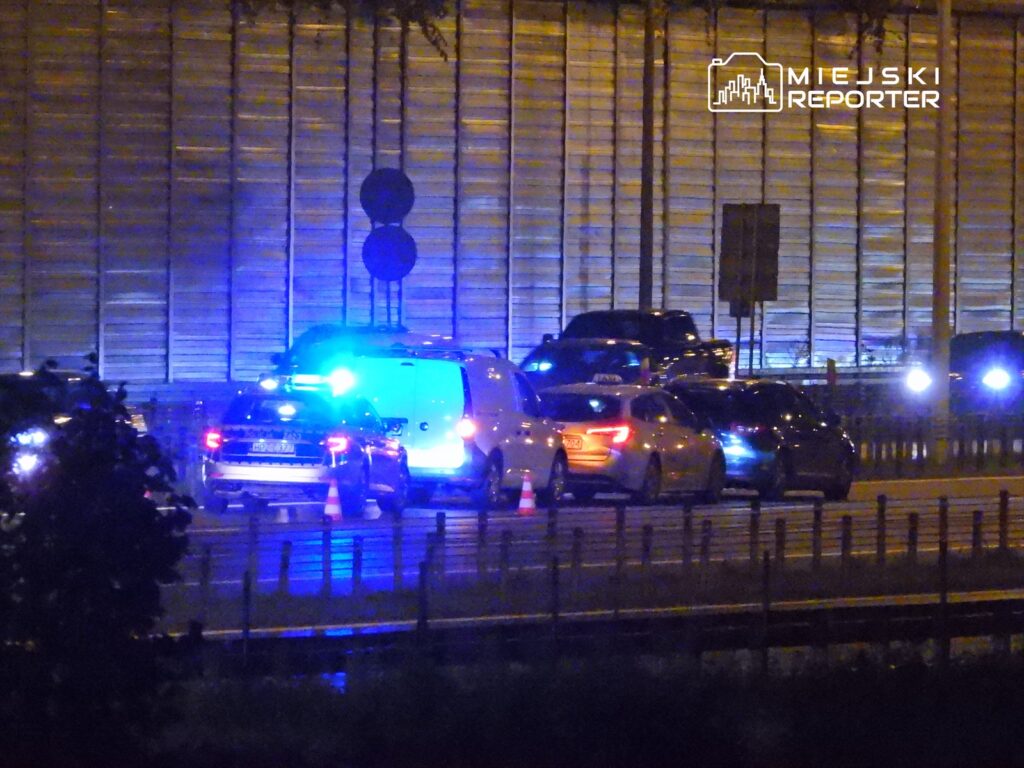 W nocy na drodze zatrzymane są pojazdy, a obok nich stoją radiowozy z włączonymi sygnałami świetlnymi.