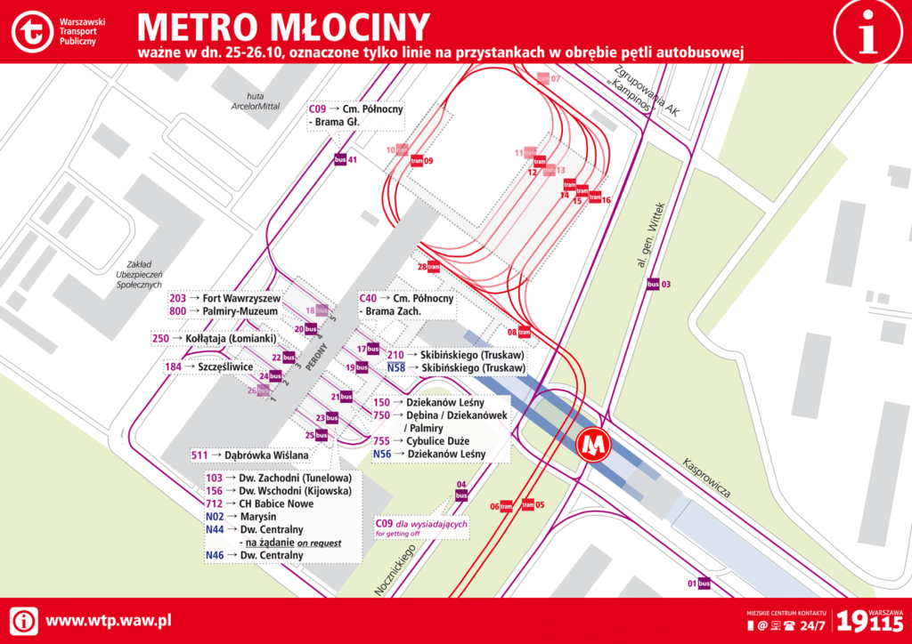 Mapa przedstawiająca rozkład komunikacji w rejonie stacji Metro Młociny, z oznaczeniem linii tramwajowych i autobusowych.