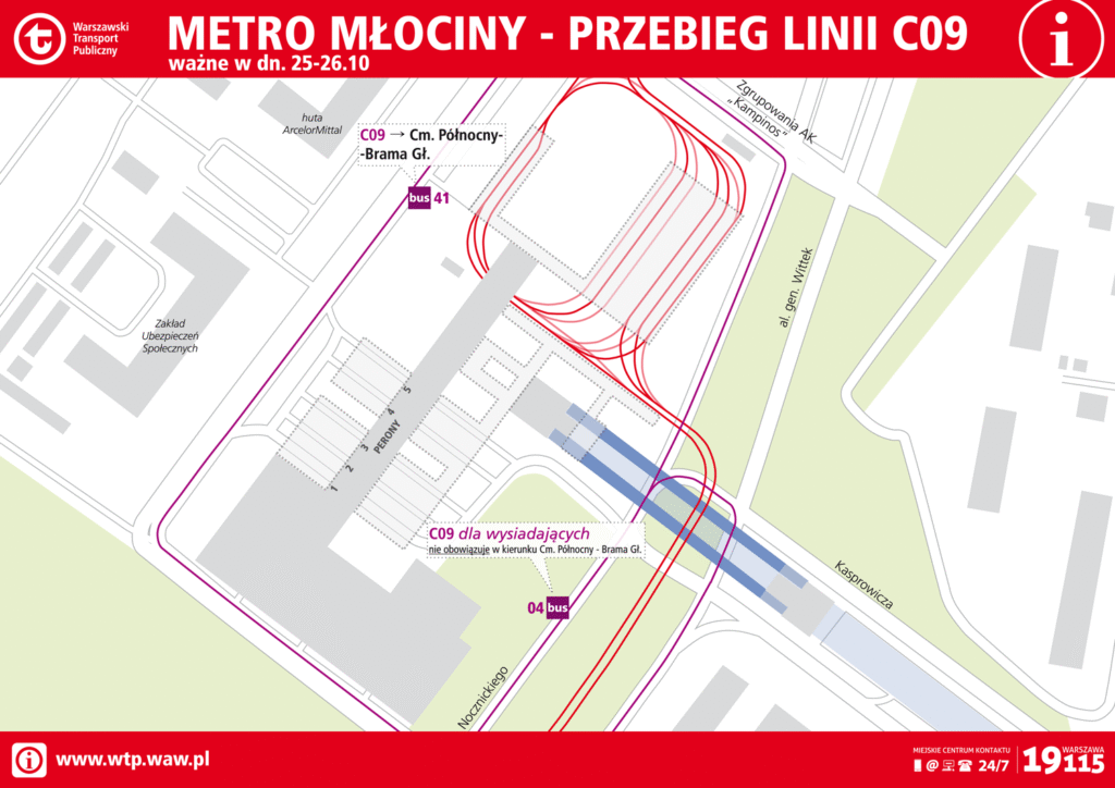 Mapa przedstawiająca przebieg linii C09 metra w Młocinach z oznaczeniem przystanków i kierunków, w tym informacji o kursach.