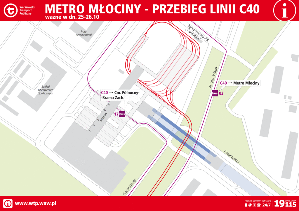 Mapa przedstawiająca przebieg linii C40 w okolicach stacji Metro Młociny, z oznaczeniami przystanków i tras.