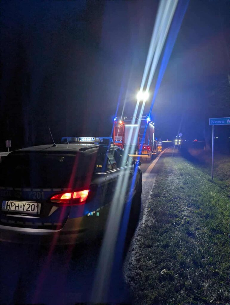 Policyjny radiowóz zaparkowany na poboczu drogi, z włączonymi sygnałami świetlnymi, w nocy.