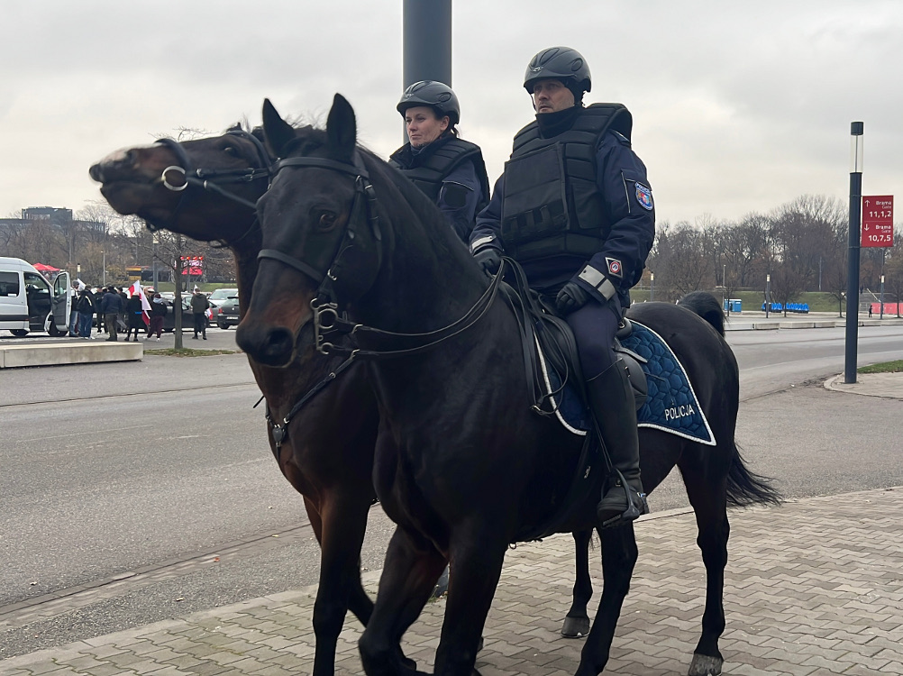 Policjanci na koniach patrolują ulicę, w tle widoczni uczestnicy wydarzenia z flagami.