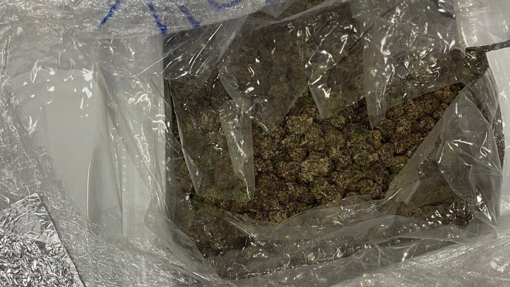 Zamknięta paczka z suszem roślinnym w przezroczystym opakowaniu, leżąca na białej powierzchni.