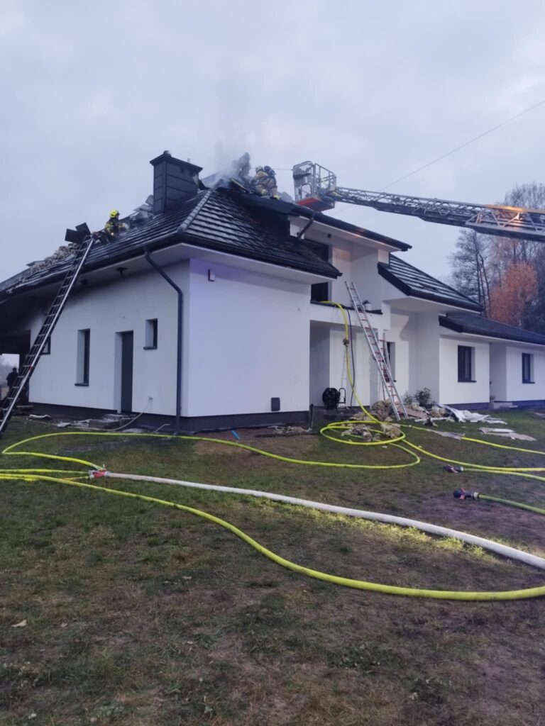 Strażacy gaszą pożar dachu nowoczesnego domu jednorodzinnego przy użyciu drabiny i węży strażackich.