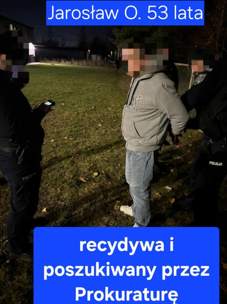 Mężczyzna w szarej bluzie jest zatrzymywany przez policjantów na trawie w nocy. W tle widać oświetlone budynki.