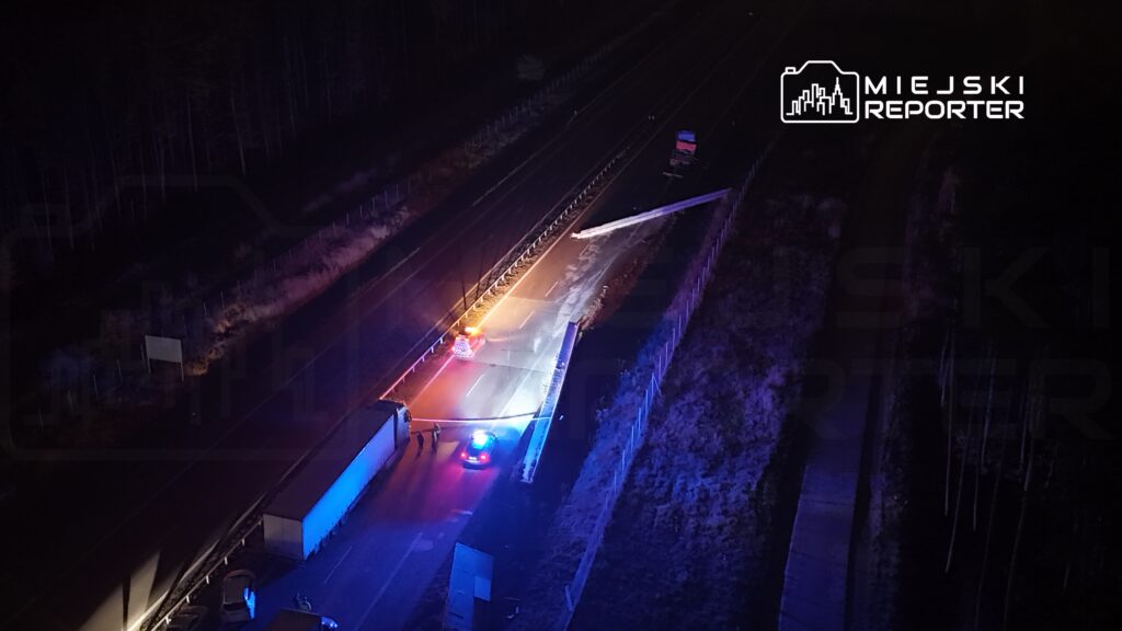 Na drodze w nocy stoją radiowozy policyjne, a obok leży przewrócona latarnia, w tle widoczne są drzewa.