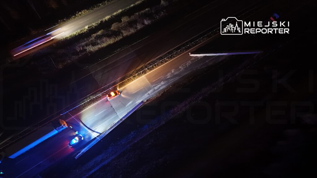 Nocna scena na drodze z policyjnymi pojazdami włączonymi sygnałami świetlnymi, w tle ciemny las.