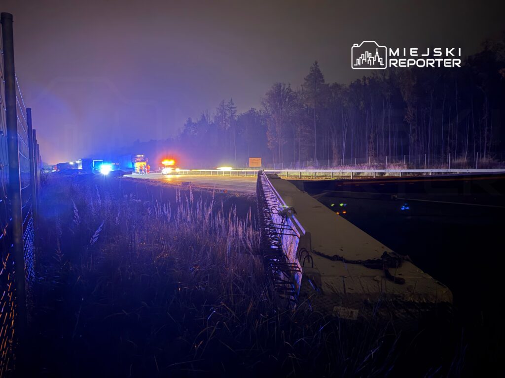 Na drodze nocą stoją pojazdy ratunkowe, a w tle widać zasłonięte światłem latarni drzewa. W oddali pracują ratownicy.