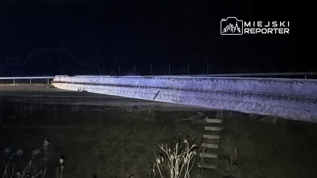 Oświetlona droga z barierkami w nocy, z widocznymi śladami na nawierzchni oraz roślinnością w tle.