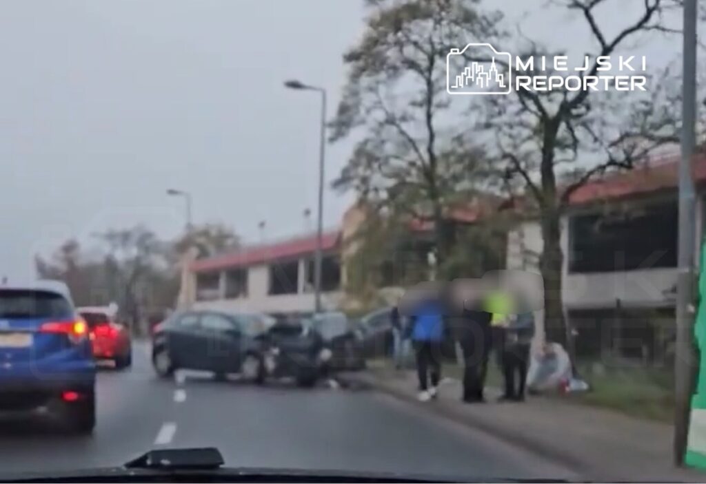 Dwa uszkodzone samochody na jezdni, obok grupa osób rozmawiających, w tle widoczny budynek z czerwonym dachem.