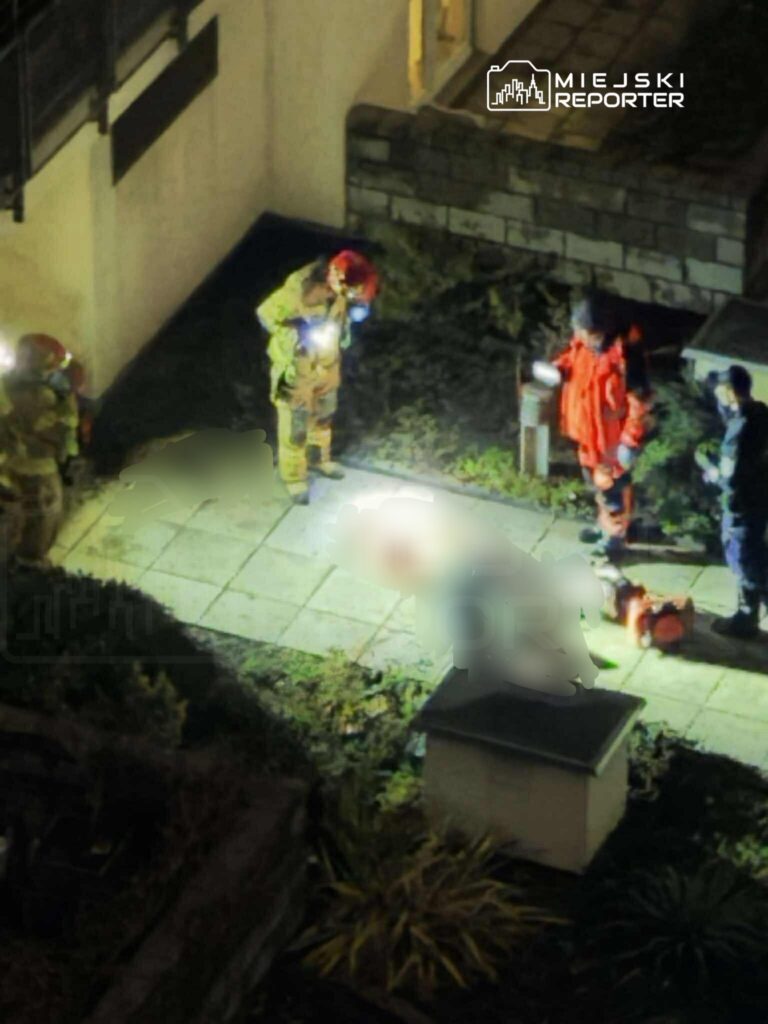 Grupa strażaków w mundurach przeszukuje teren oświetlony latarkami w pobliżu budynku mieszkalnego.