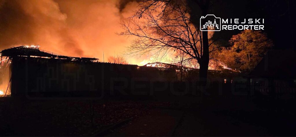 Płonący budynek z intensywnym ogniem i dymem w ciemnej scenerii nocnej, otoczony drzewami.