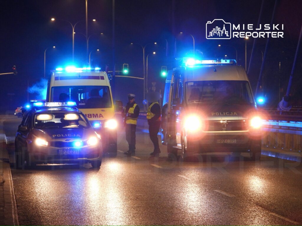 Policjanci w odblaskowych kamizelkach kontrolują ruch na drodze, obok stoją radiowóz i karetka pogotowia.