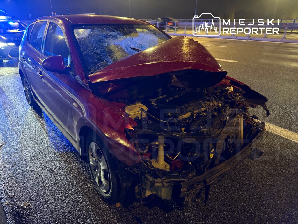 Czerwony samochód osobowy z uszkodzoną maską i wgniecionym przodem stoi na drodze, obok policyjne radiowozy.
