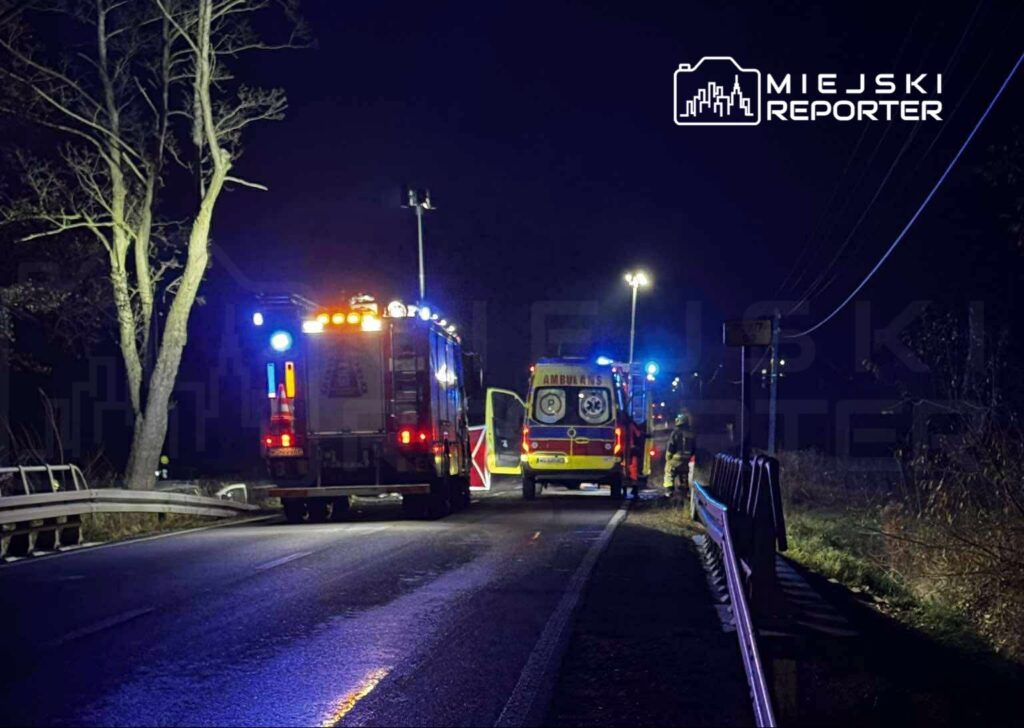 Pojazdy straży pożarnej i karetka na drodze w nocy, z włączonymi sygnałami świetlnymi.