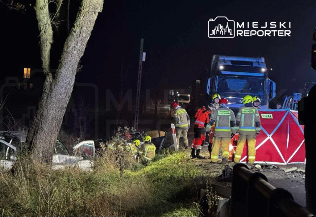 Grupa strażaków i ratowników medycznych pracuje przy wypadku drogowym w nocy, obok uszkodzonego samochodu.