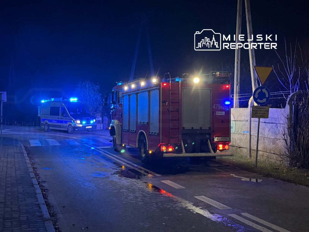 W nocy, na drodze, stoją radiowóz policyjny i wóz strażacki z włączonymi sygnalami świetlnymi.