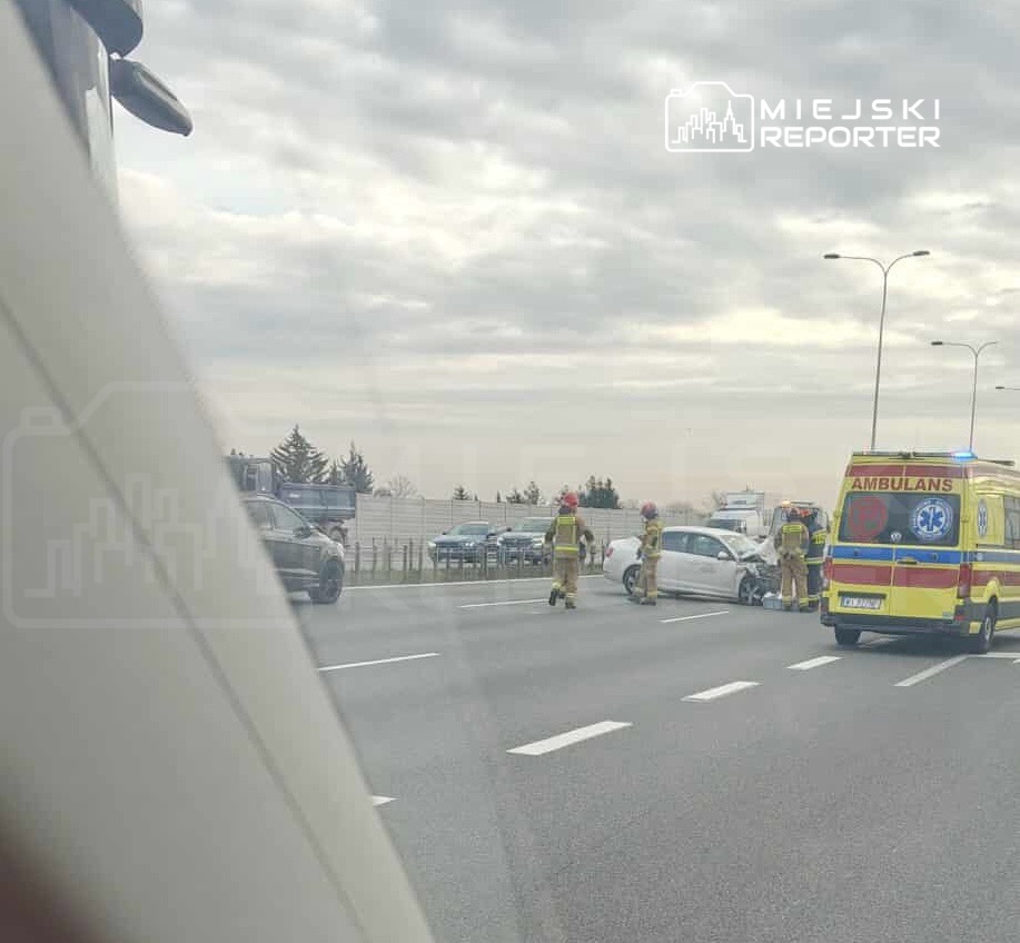 Na drodze, zespół ratunkowy złożony z strażaków oraz karetka pogotowia udzielają pomocy po wypadku samochodowym.