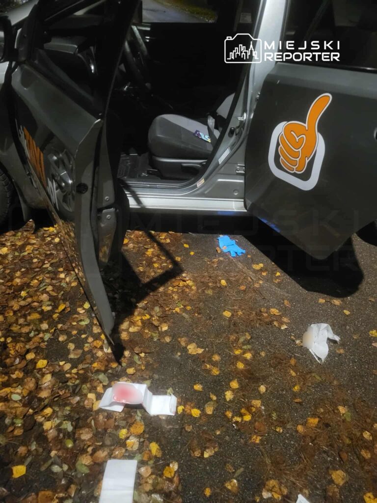 Otwarta strona samochodu z widocznymi resztkami papierów i odpadkami na asfaltowej nawierzchni pokrytej liśćmi.