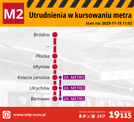 Informacja o utrudnieniach w kursowaniu metra linii M2, z zaznaczonymi stacjami na mapie.