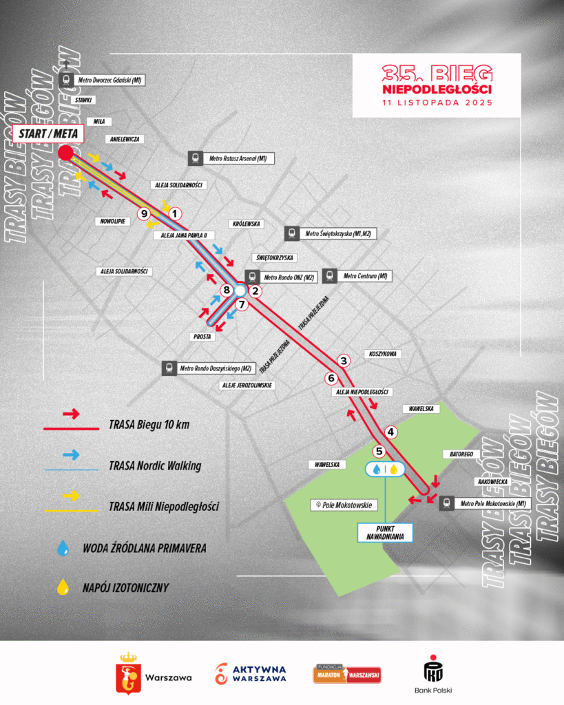 Mapa tras 35. Biegu Niepodległości z zaznaczonymi trasami biegu, Nordic Walking i Mili Niepodległości.