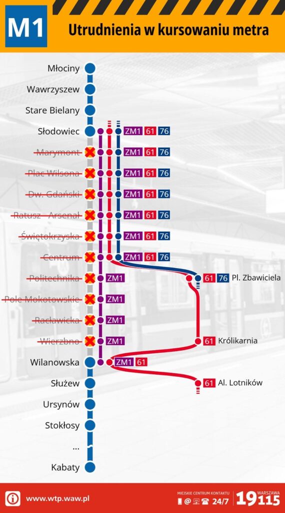 Mapa z oznaczeniem utrudnień w kursowaniu metra, z wyraźnymi stacjami i liniami.