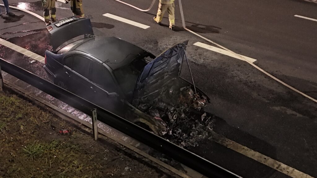 Samochód z otwartą maską, z której wydobywa się dym, stoi na drodze, obok grupy strażaków.