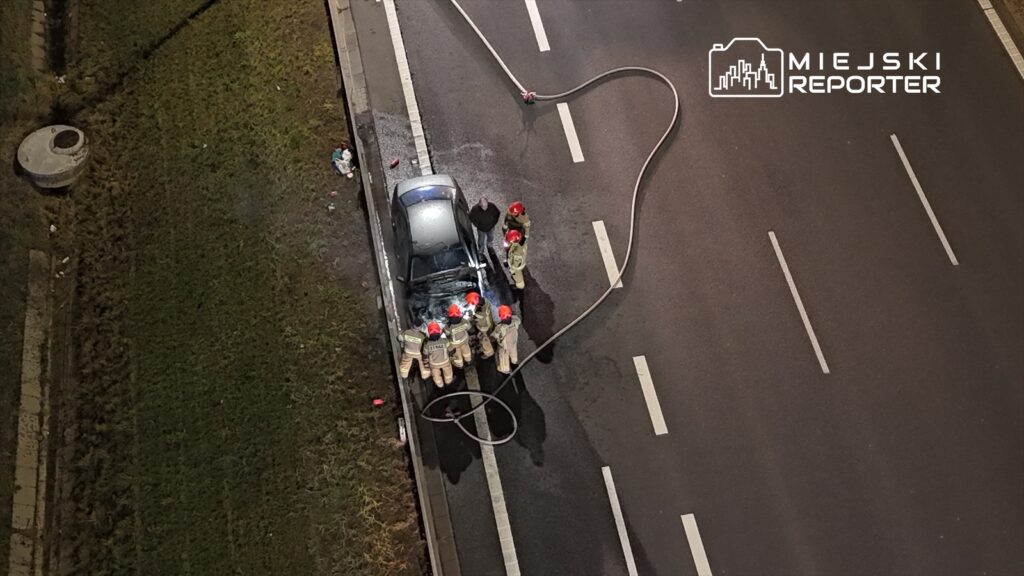 Grupa strażaków w hełmach gasi pożar samochodu na poboczu drogi, obok stoi mężczyzna.