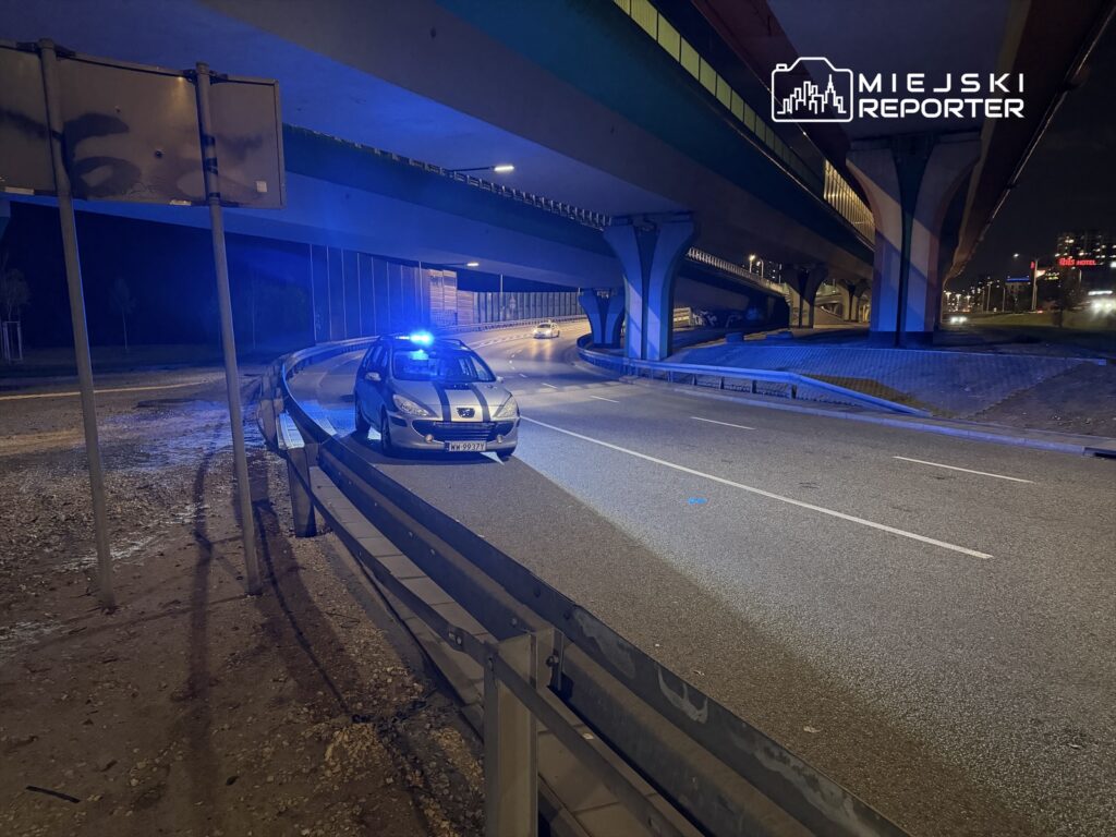 Radiowóz policyjny z niebieskimi światłami stoi na drodze pod estakadą w nocy, otoczony przez ciemność.