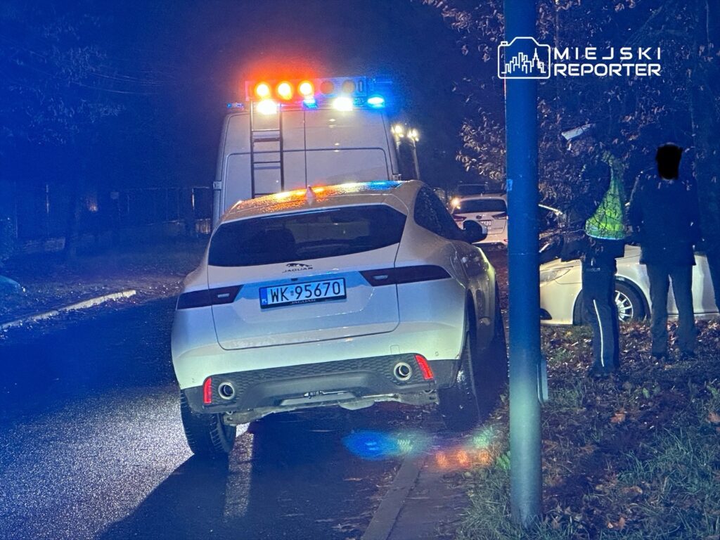 Jasne, radiowóz z włączonymi sygnałami świetlnymi stoi obok białego samochodu, a policjant rozmawia z inną osobą na poboczu.