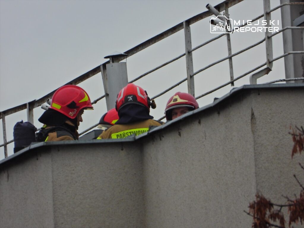 Grupa strażaków w hełmach omawia działania ratunkowe na dachu budynku.