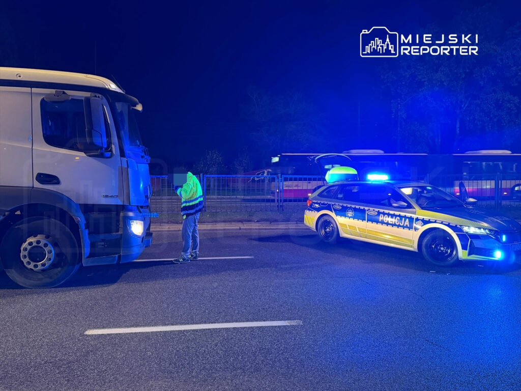 Mężczyzna w odblaskowej kamizelce rozmawia z kierowcą ciężarówki obok radiowozu policyjnego z włączonymi sygnałami świetlnymi.