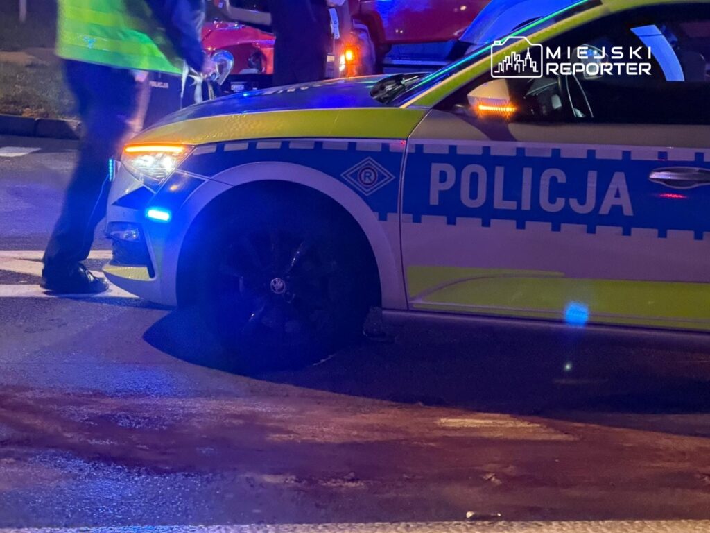 Radiowóz policyjny z niebieskimi światłami stoi na drodze, obok którego znajduje się funkcjonariusz w kamizelce odblaskowej.