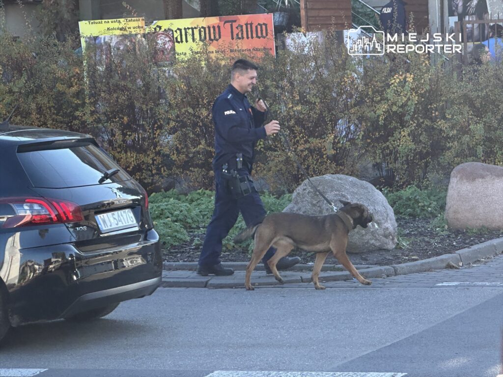 Policjant prowadzi psa na smyczy w miejskim otoczeniu, obok zaparkowanego czarnego samochodu.