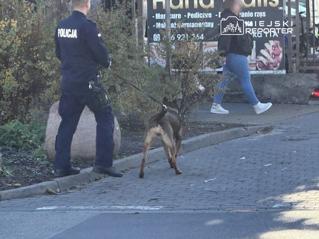 Policjant z psem służbowym spacerujący po chodniku w pobliżu reklamowanego salonu manicure.